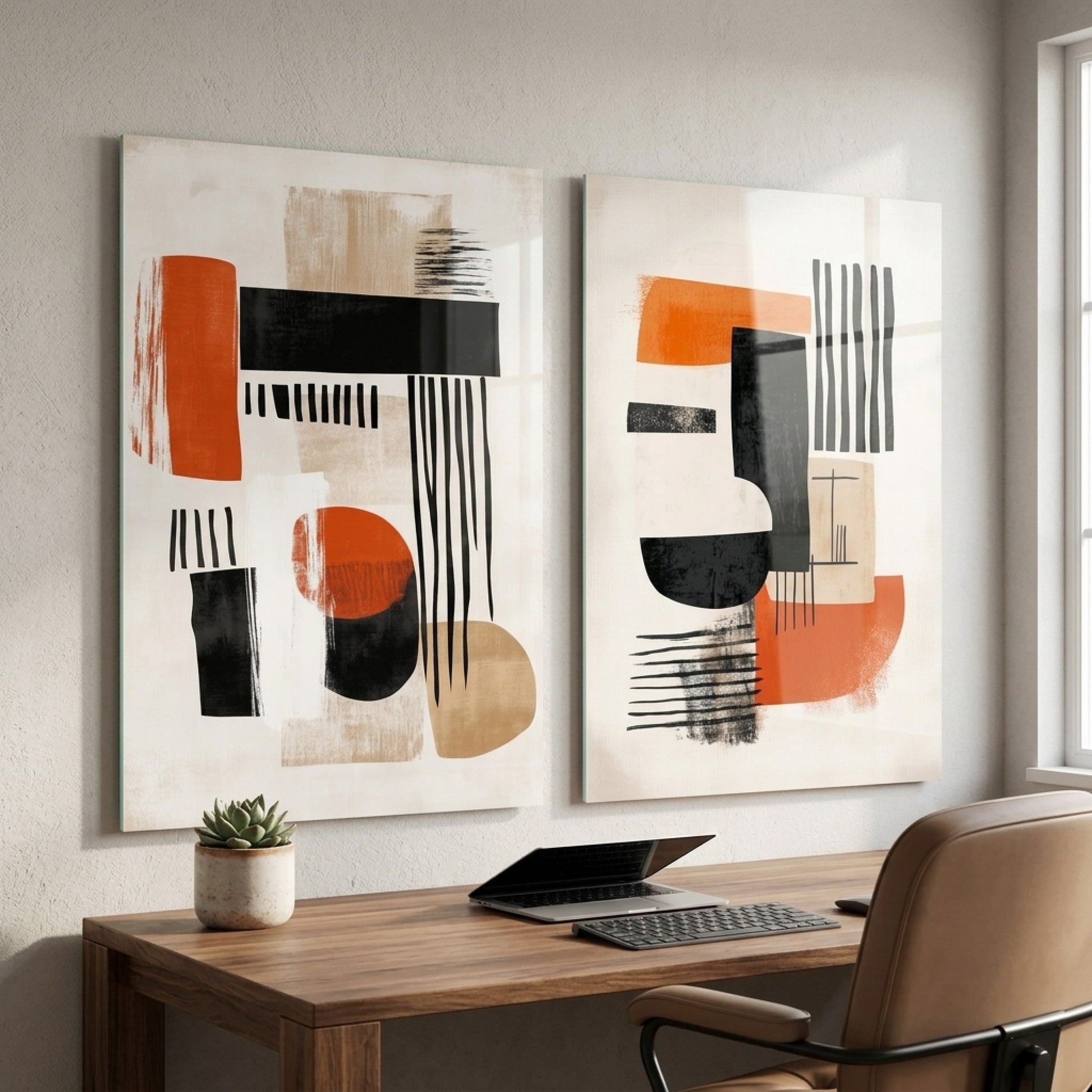 Turuncu Siyah Minimalist Modern Soyut İkili Set Dikey 2'li Set Cam Tablo