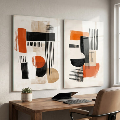 Turuncu Siyah Minimalist Modern Soyut İkili Set Dikey 2'li Set Cam Tablo