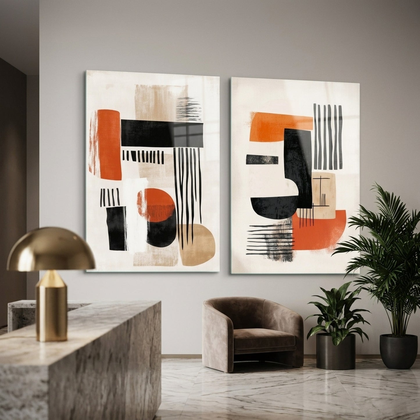 Turuncu Siyah Minimalist Modern Soyut İkili Set Dikey 2'li Set Cam Tablo