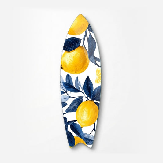 Modern Sari Limon ve Lacivert Yaprak Desenli Surf Board Cam Tablo