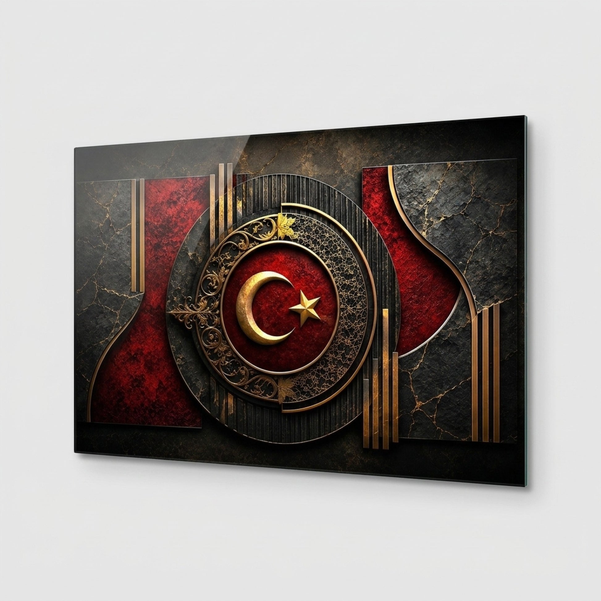Osmanlı Motifli Ay Yıldız Dekor Yatay Cam Tablo