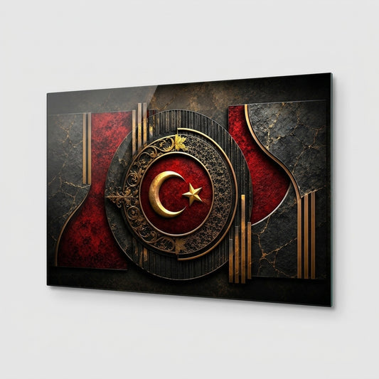 Osmanlı Motifli Ay Yıldız Dekor Yatay Cam Tablo