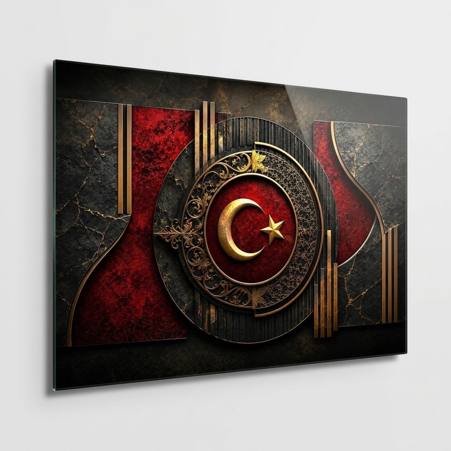 Osmanlı Motifli Ay Yıldız Dekor Yatay Cam Tablo