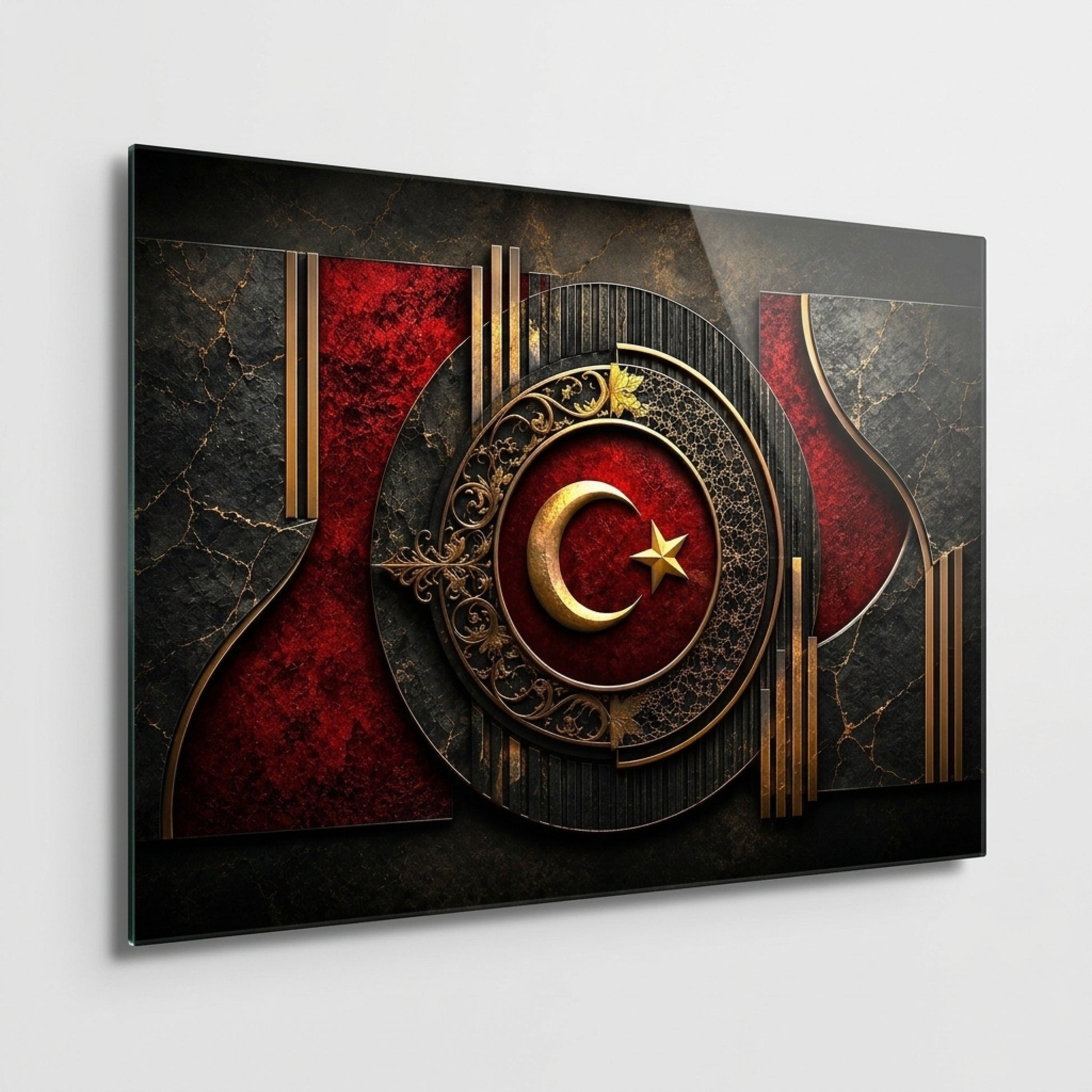 Osmanlı Motifli Ay Yıldız Dekor Yatay Cam Tablo