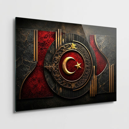 Osmanlı Motifli Ay Yıldız Dekor Yatay Cam Tablo