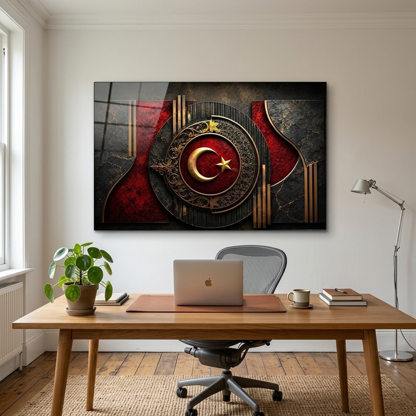 Osmanlı Motifli Ay Yıldız Dekor Yatay Cam Tablo