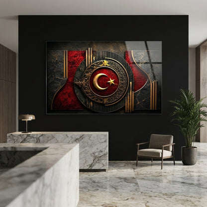Osmanlı Motifli Ay Yıldız Dekor Yatay Cam Tablo