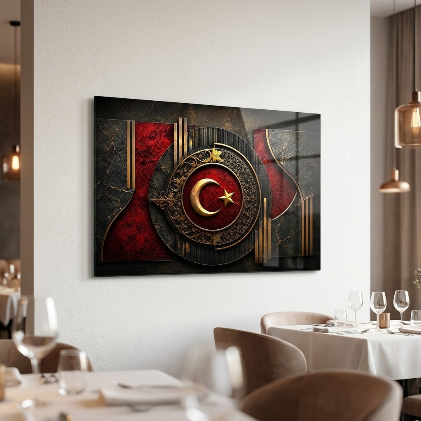 Osmanlı Motifli Ay Yıldız Dekor Yatay Cam Tablo