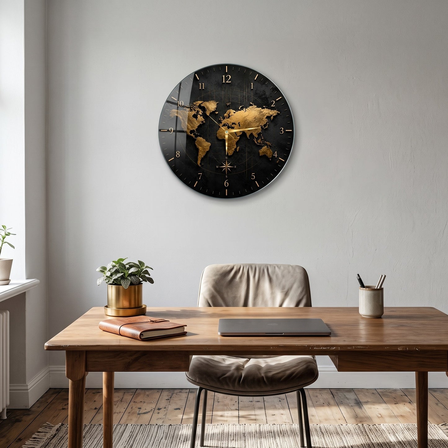 Modern Altın Dünya Haritası Saat Cam Saat
