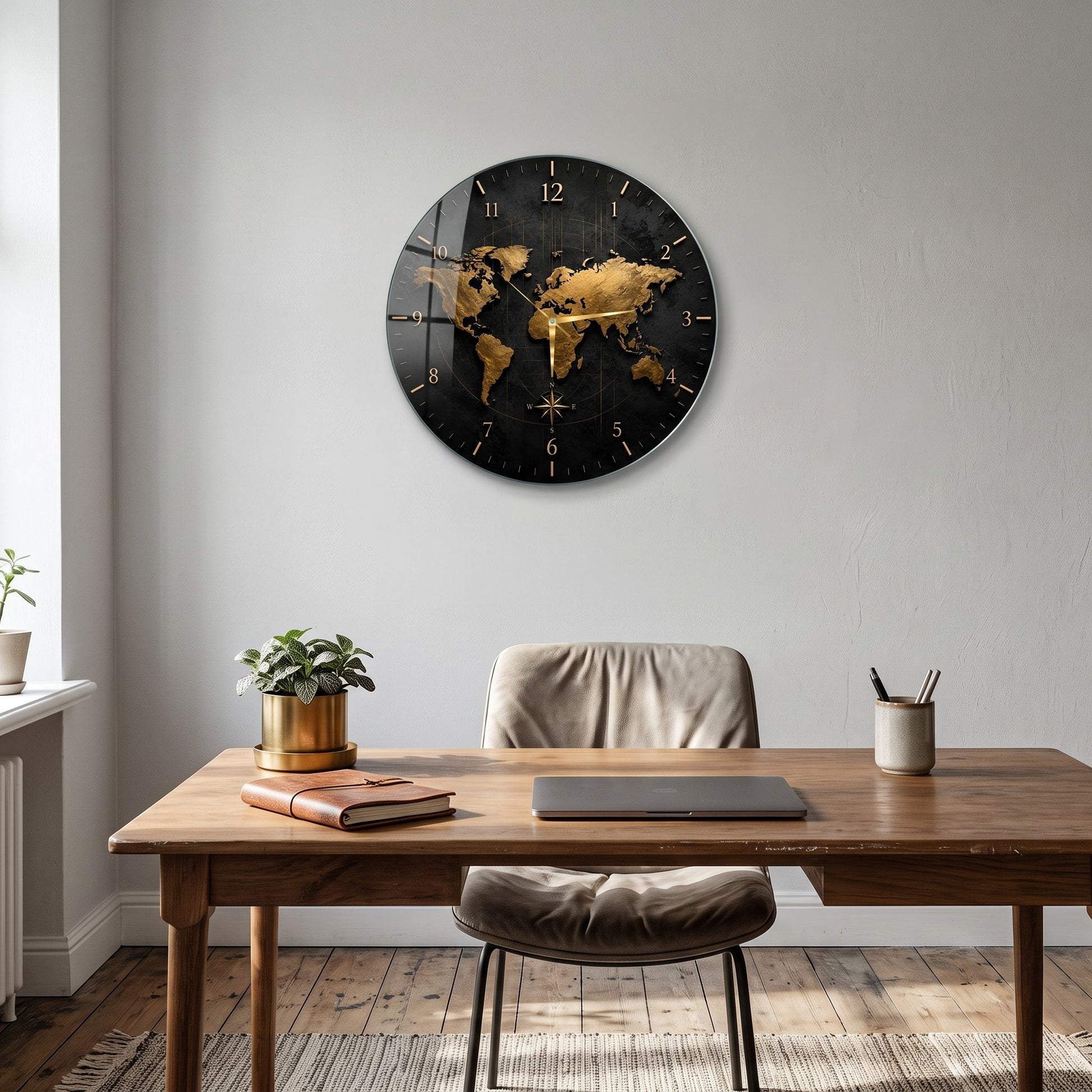 Modern Altın Dünya Haritası Saat Cam Saat