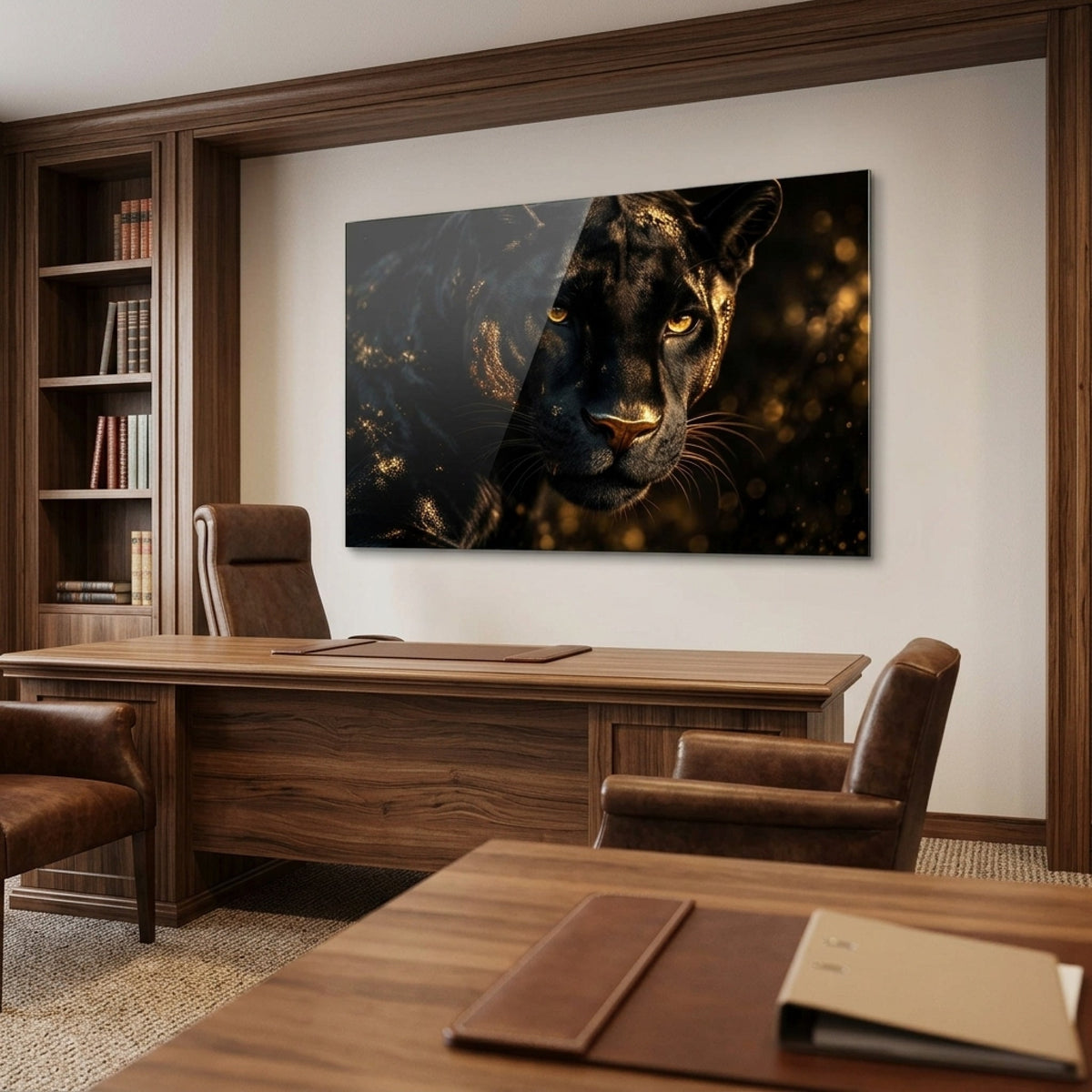 Altın Parıltılı Siyah Panter Yatay Cam Tablo