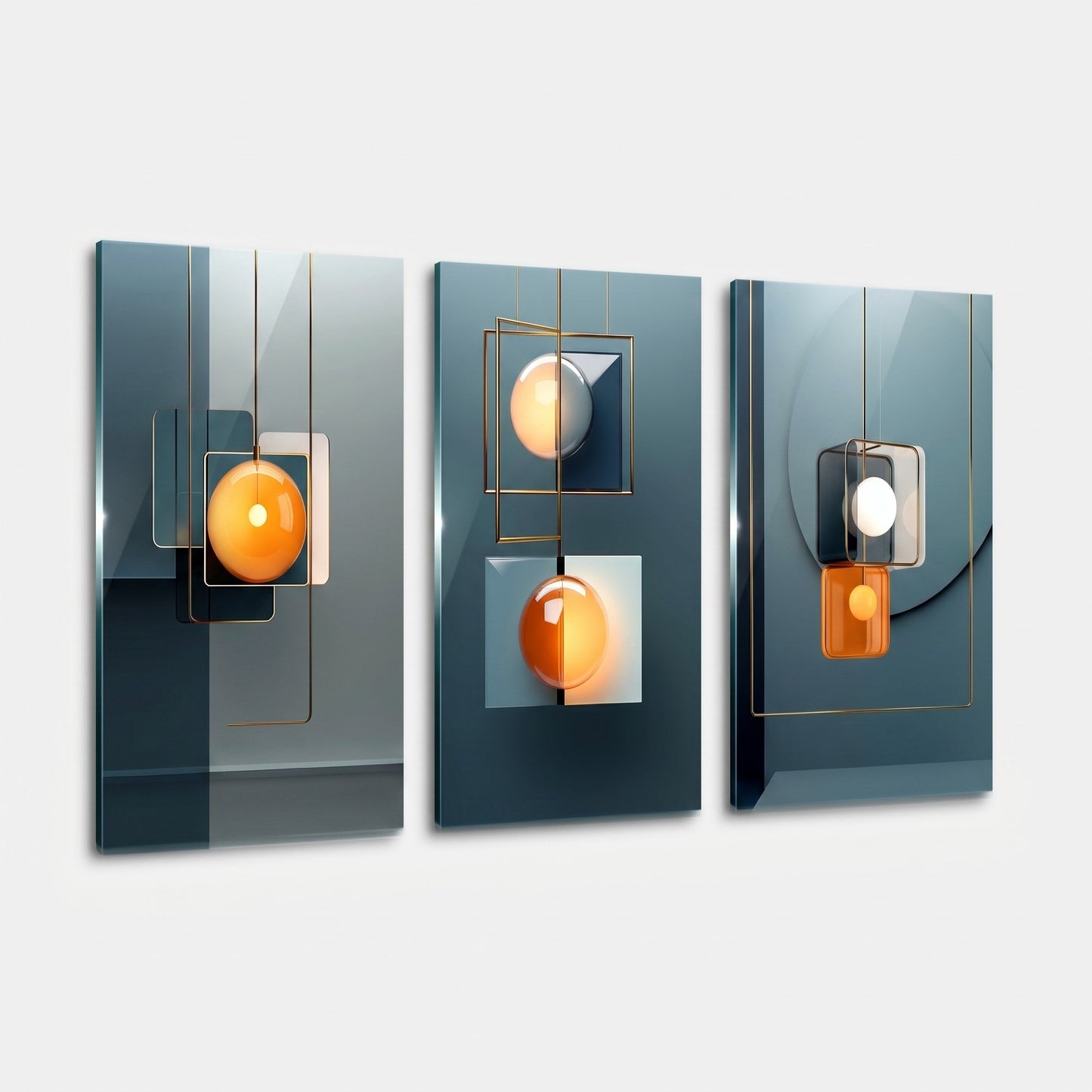 Art Deco Tarzı Altın Geometrik Aydınlatma Dikey 3'lü Set Cam Tablo