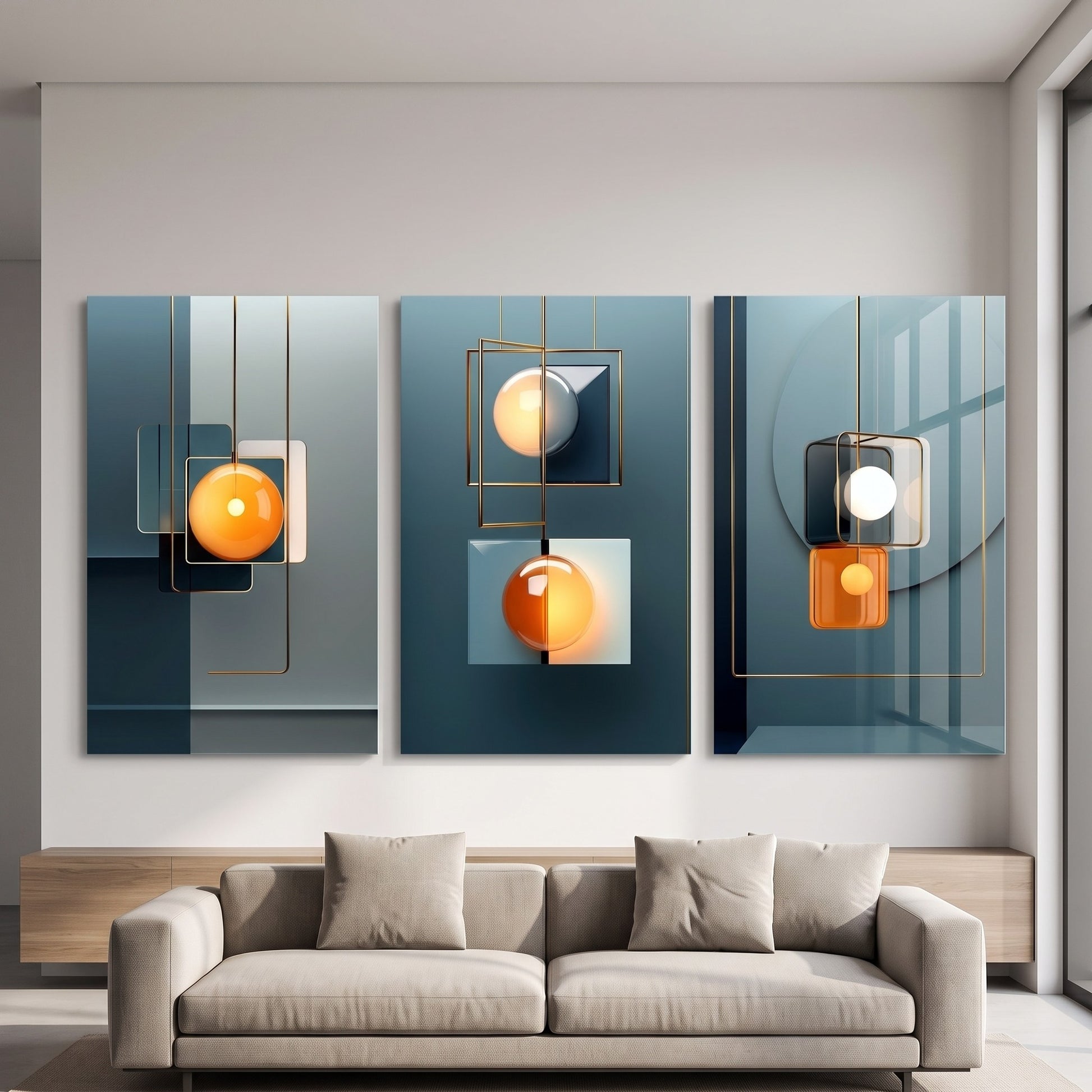 Art Deco Tarzı Altın Geometrik Aydınlatma Dikey 3'lü Set Cam Tablo