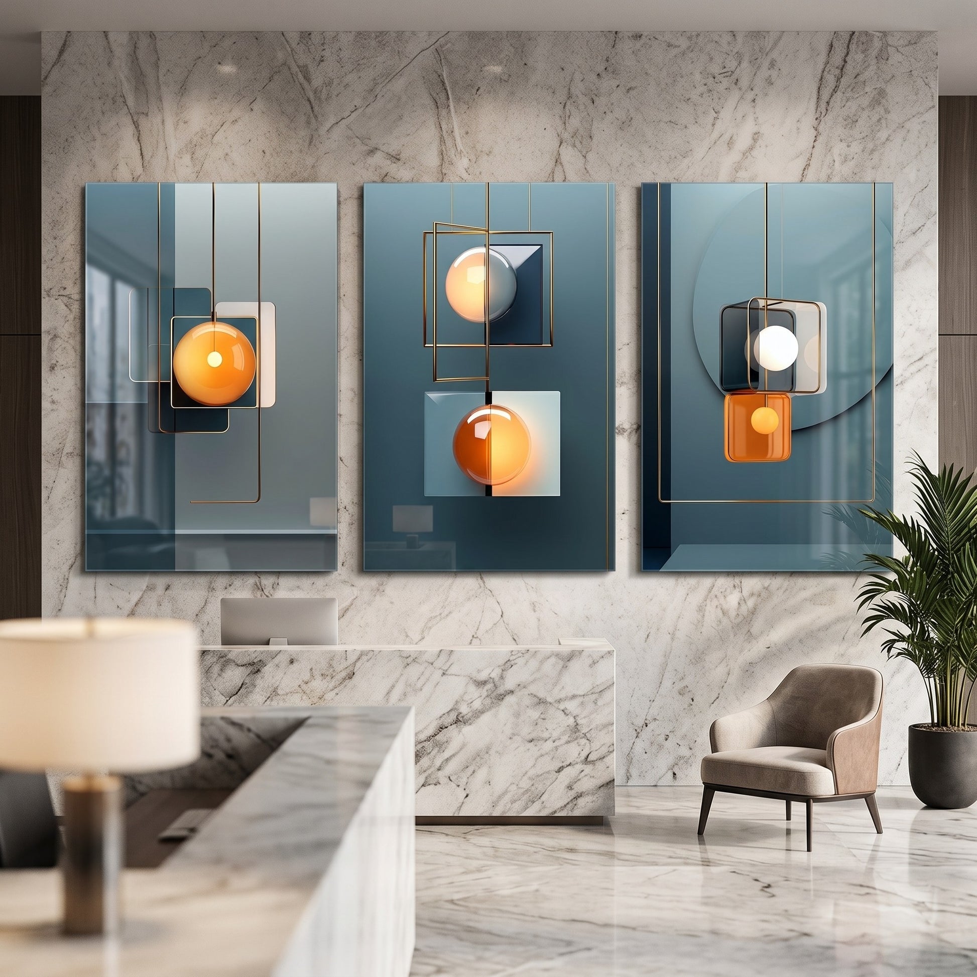 Art Deco Tarzı Altın Geometrik Aydınlatma Dikey 3'lü Set Cam Tablo