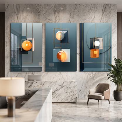 Art Deco Tarzı Altın Geometrik Aydınlatma Dikey 3'lü Set Cam Tablo