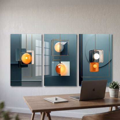 Art Deco Tarzı Altın Geometrik Aydınlatma Dikey 3'lü Set Cam Tablo