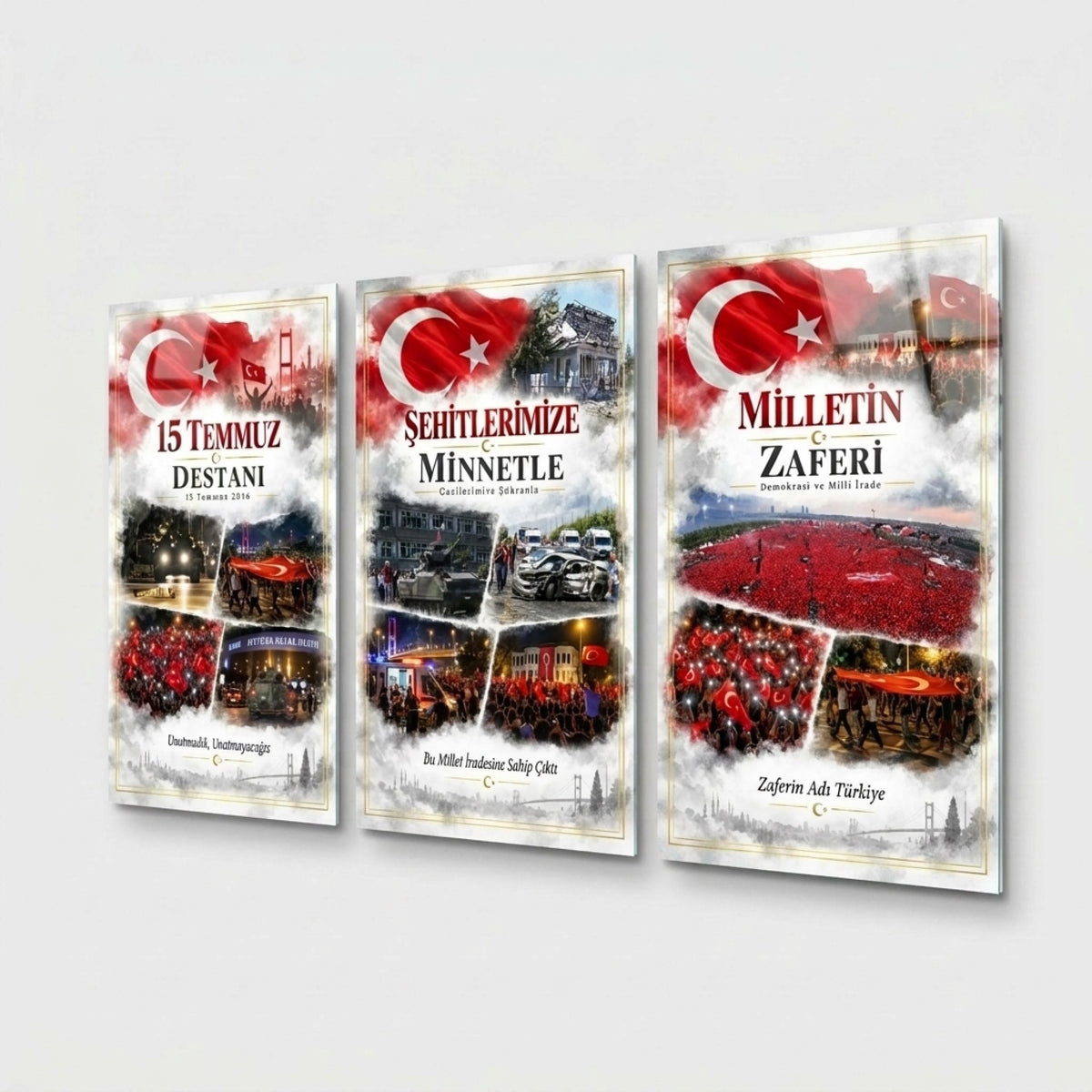 15 Temmuz Milli İrade Zaferi Dikey 3'lü Set Cam Tablo