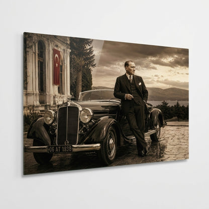 Atatürk Klasik Araba Sepya Yatay Cam Tablo