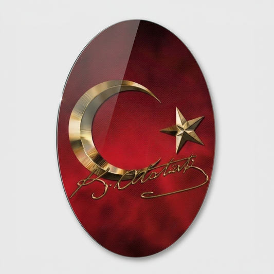 Kırmızı Zemin Üzerine Altın Detaylı Atatürk İmzalı Ay Yıldız Oval Dikey Cam Tablo