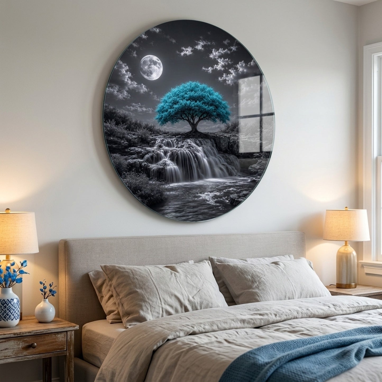 Gece Manzarasi Turkuaz Agac Selale Yuvarlak Cam Tablo