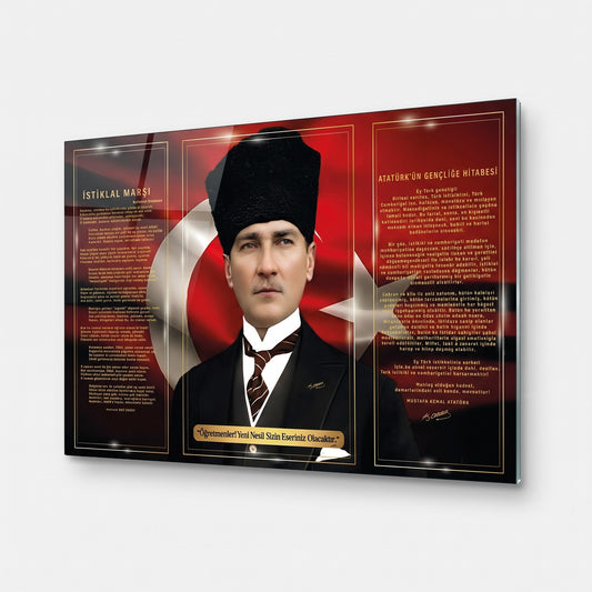 Atatürk İstiklal Marşı Hitabe Portre Yatay Cam Tablo