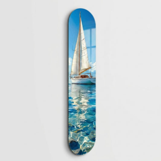 Güneşli Denizde Beyaz Yelkenli Tekne Skate Board Cam Tablo