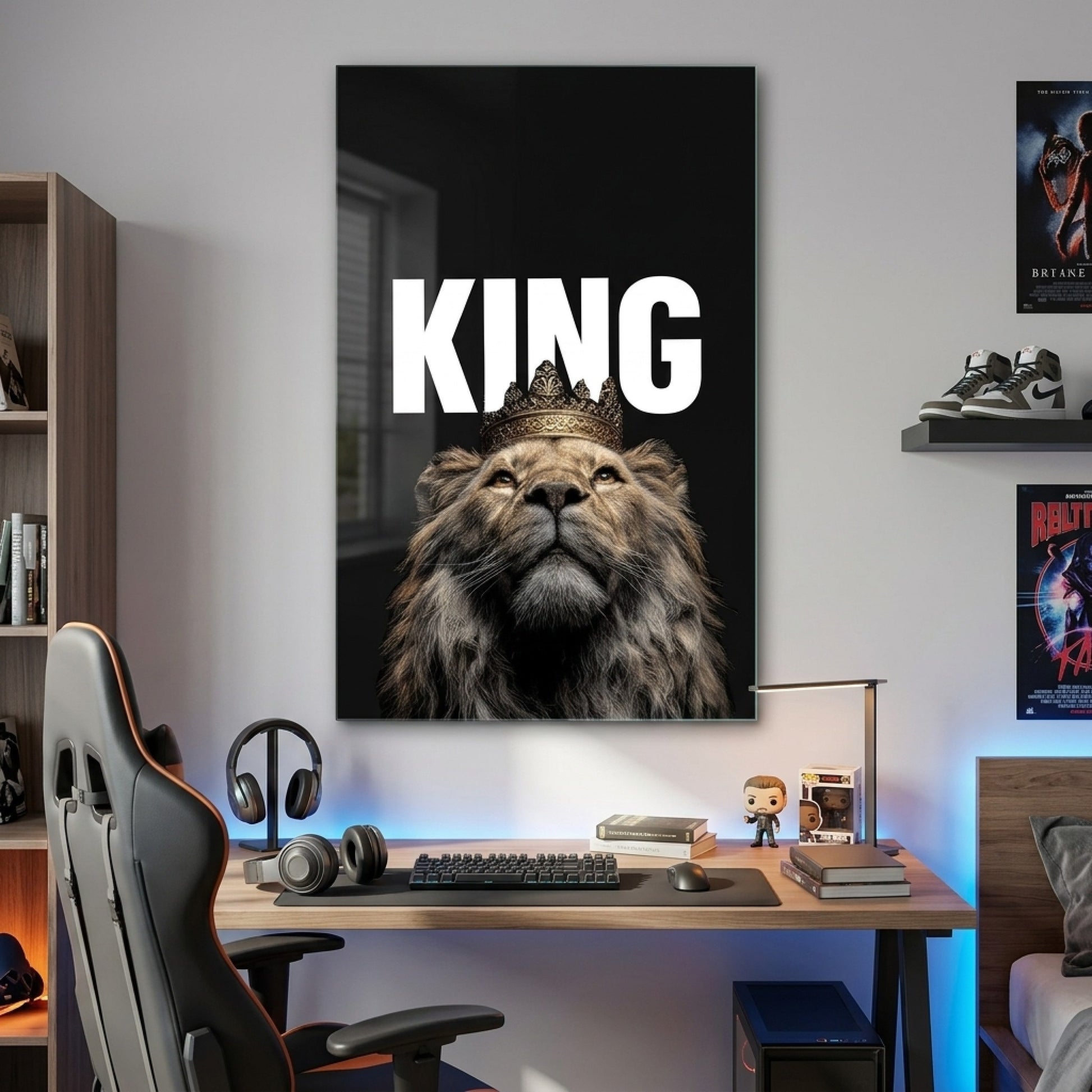 Kral Aslan Taçlı Motivasyon Tasarımı Dikey Cam Tablo