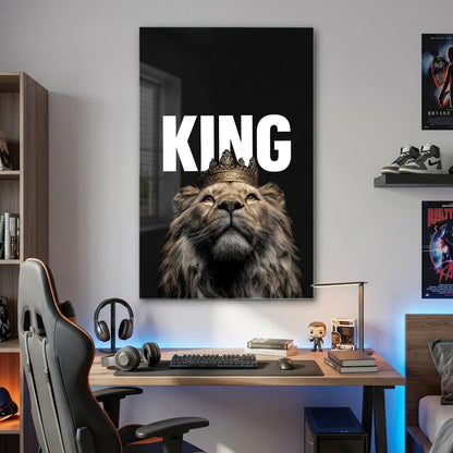 Kral Aslan Taçlı Motivasyon Tasarımı Dikey Cam Tablo