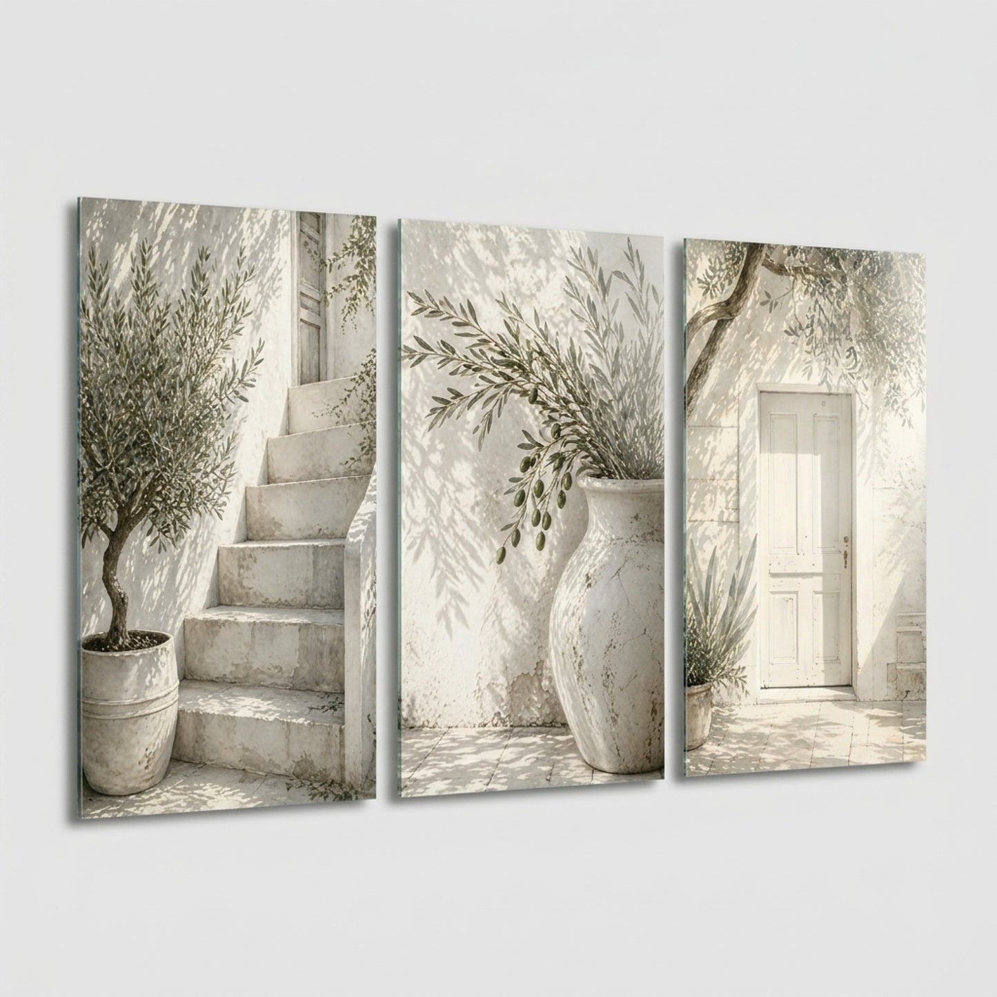 Akdeniz Evi Zeytinli Panel Dikey 3'lü Set Cam Tablo
