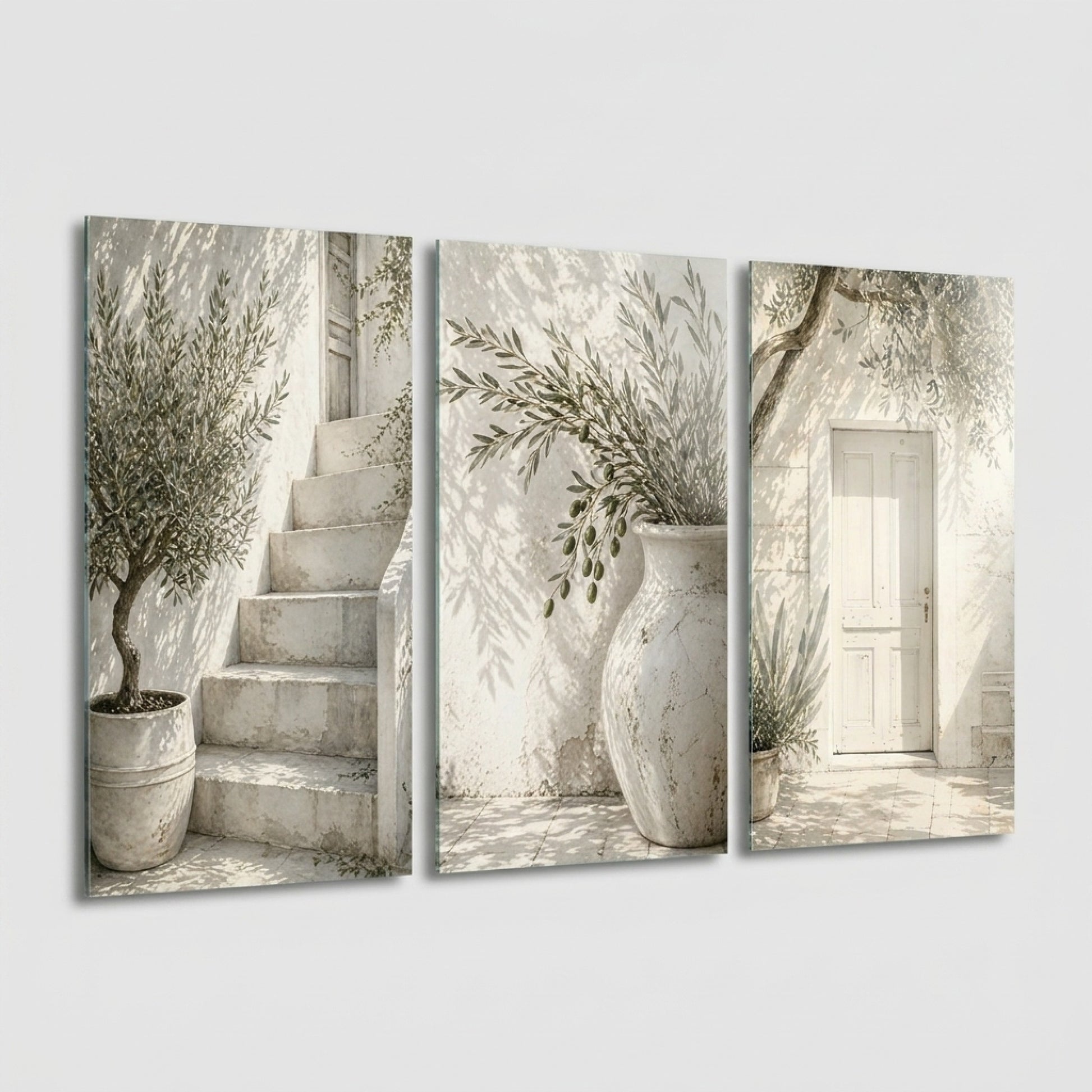 Akdeniz Evi Zeytinli Panel Dikey 3'lü Set Cam Tablo