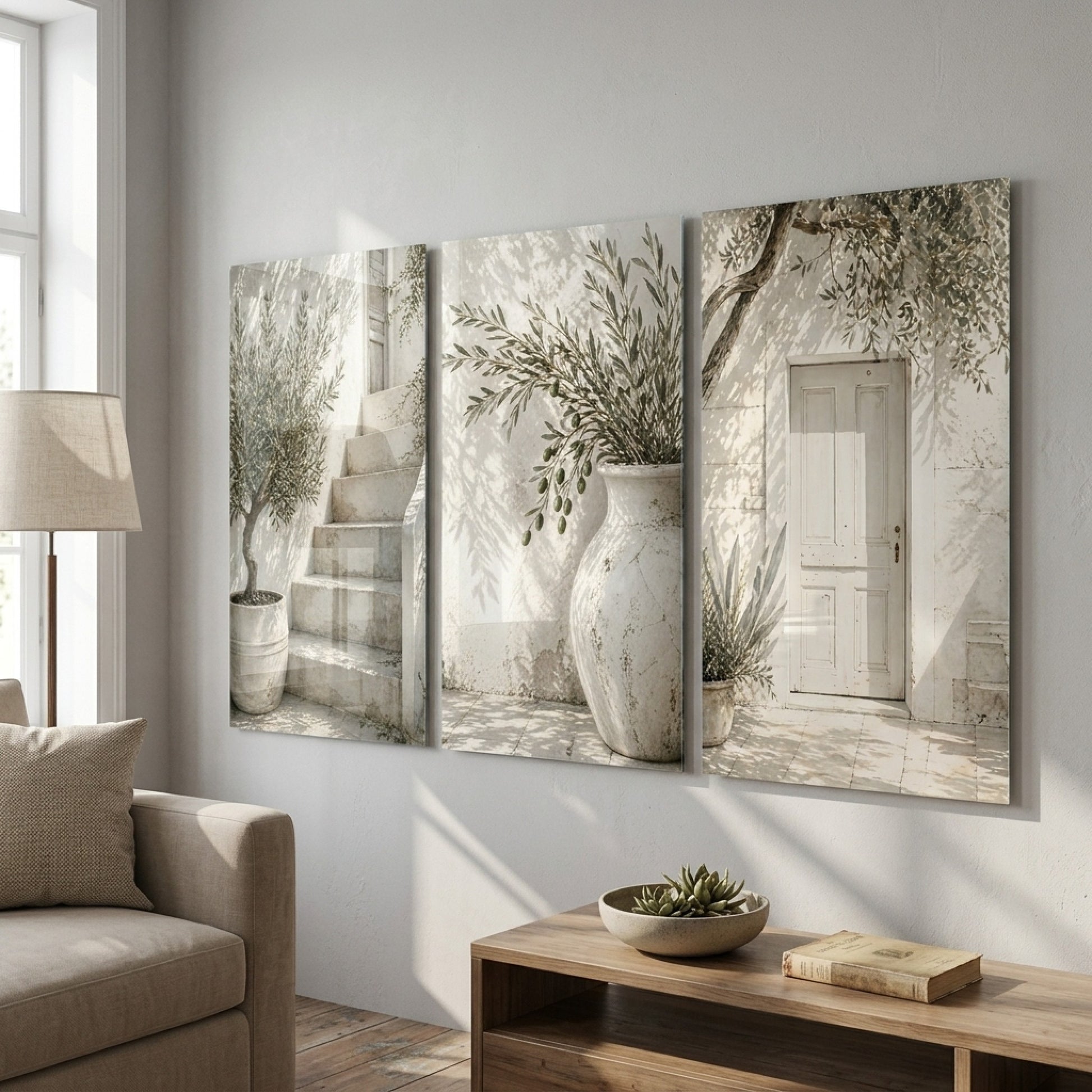 Akdeniz Evi Zeytinli Panel Dikey 3'lü Set Cam Tablo