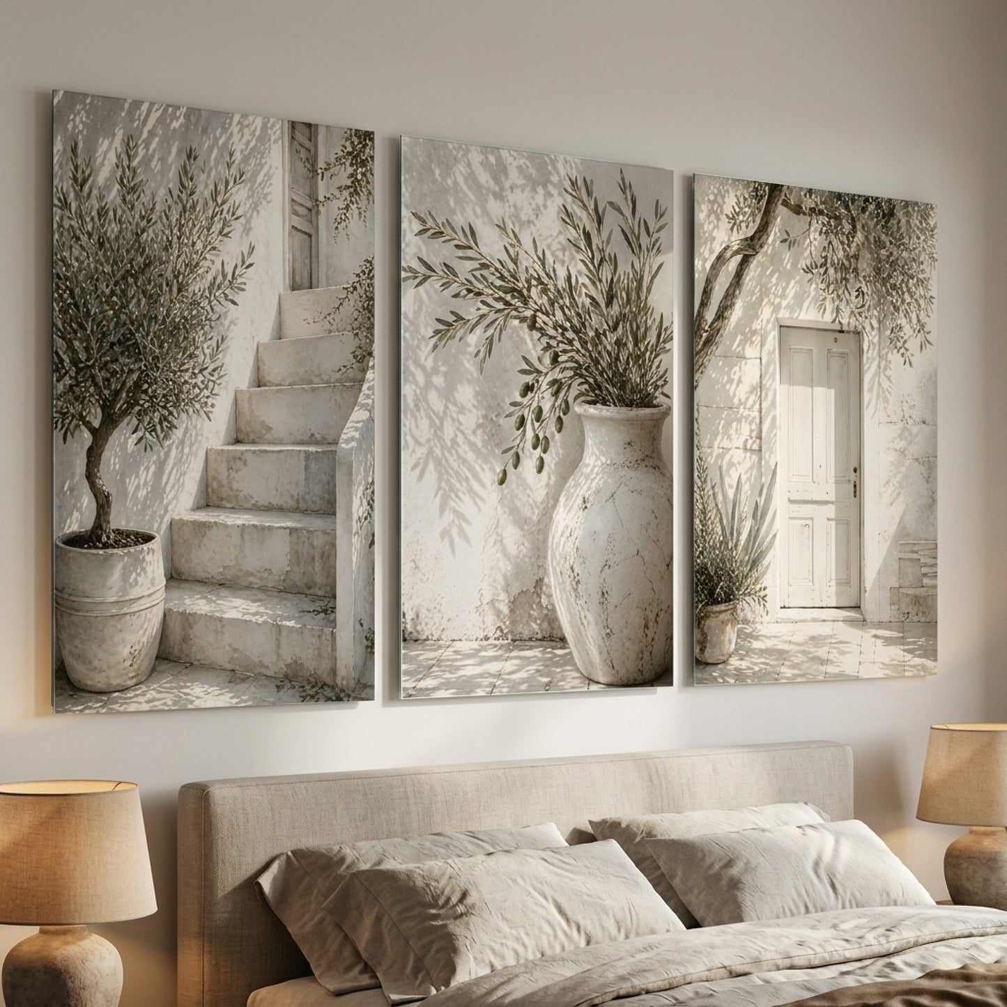 Akdeniz Evi Zeytinli Panel Dikey 3'lü Set Cam Tablo