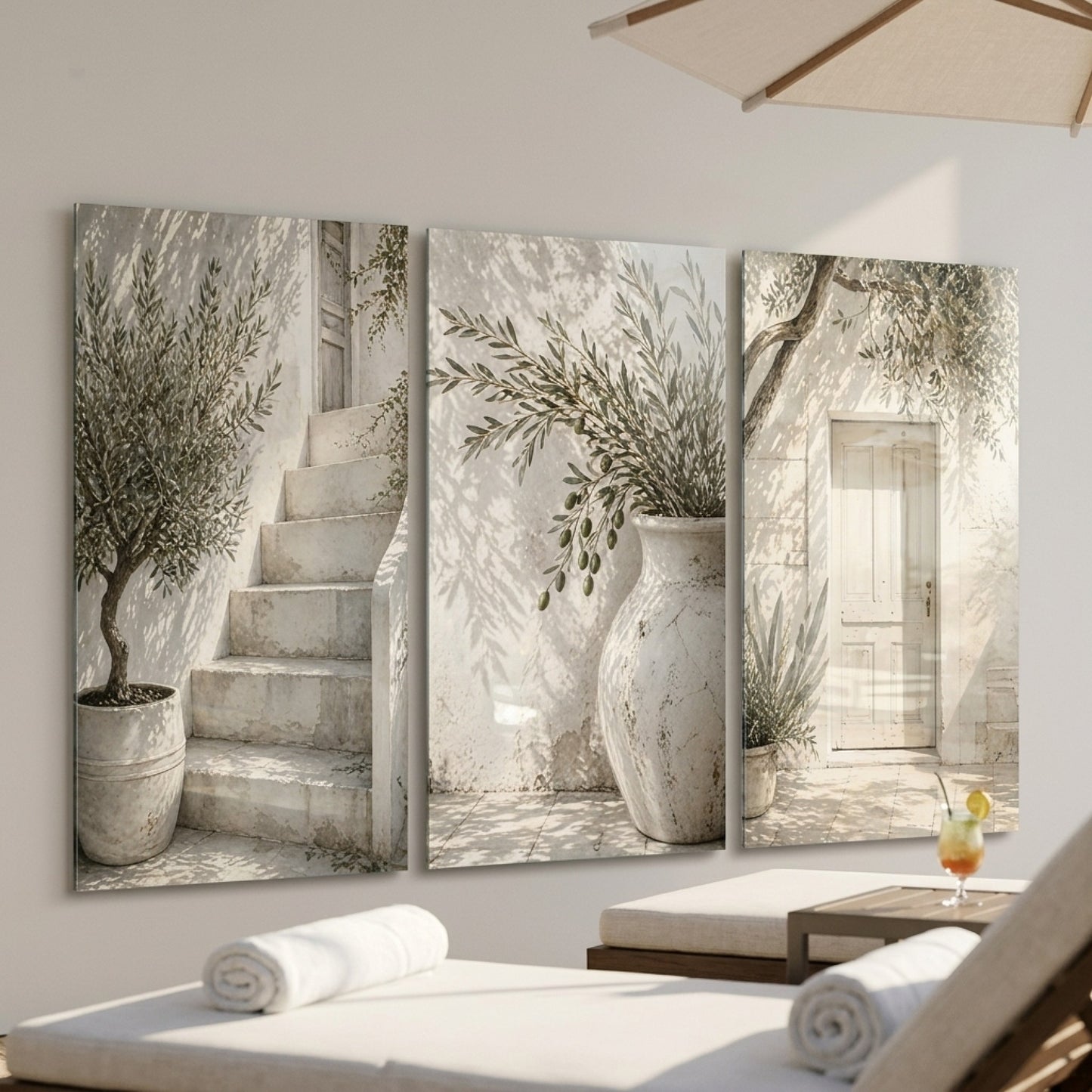 Akdeniz Evi Zeytinli Panel Dikey 3'lü Set Cam Tablo