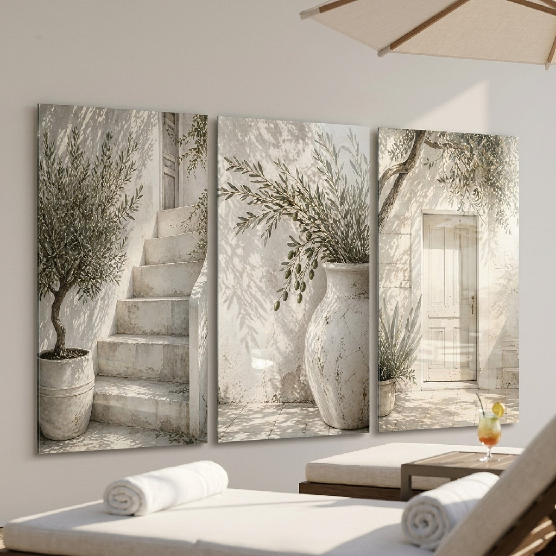 Akdeniz Evi Zeytinli Panel Dikey 3'lü Set Cam Tablo