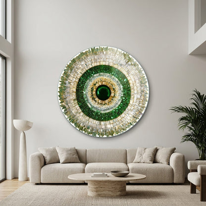Zümrüt Yeşil Kristal Mandala Yuvarlak Cam Tablo