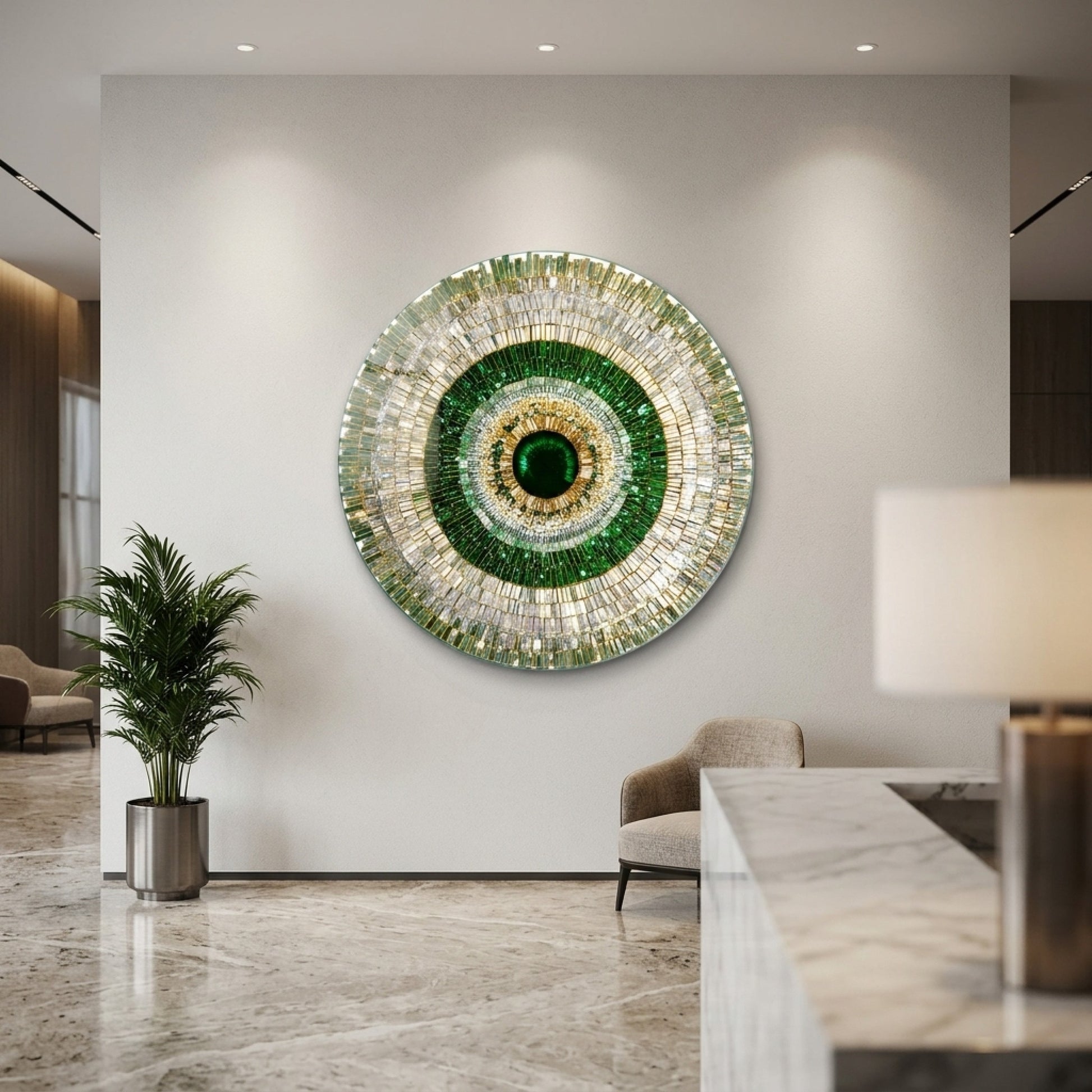 Zümrüt Yeşil Kristal Mandala Yuvarlak Cam Tablo