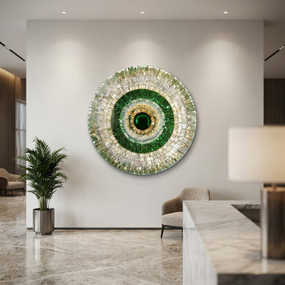 Zümrüt Yeşil Kristal Mandala Yuvarlak Cam Tablo