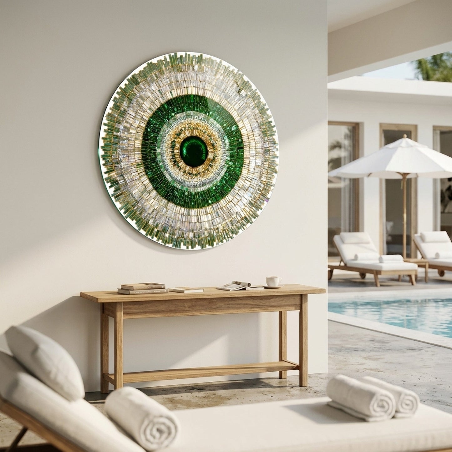Zümrüt Yeşil Kristal Mandala Yuvarlak Cam Tablo