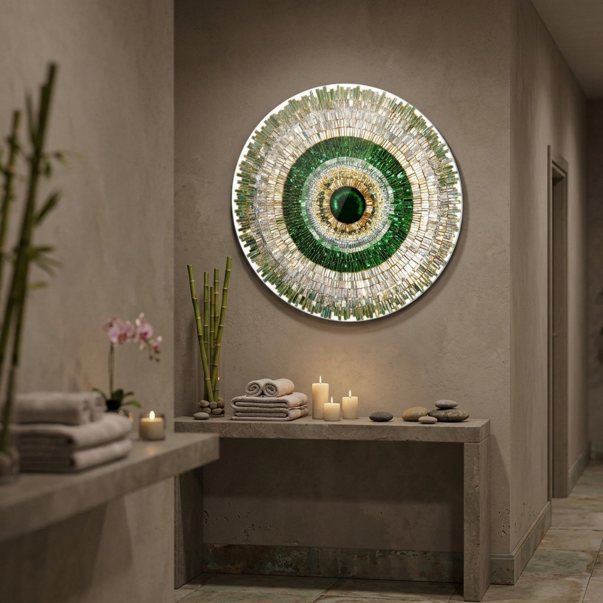 Zümrüt Yeşil Kristal Mandala Yuvarlak Cam Tablo