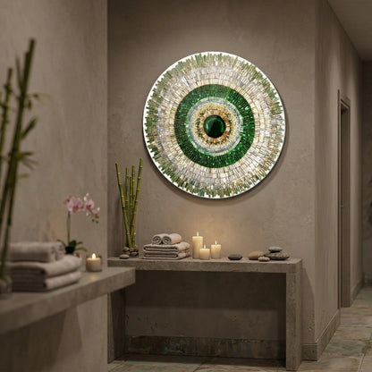 Zümrüt Yeşil Kristal Mandala Yuvarlak Cam Tablo