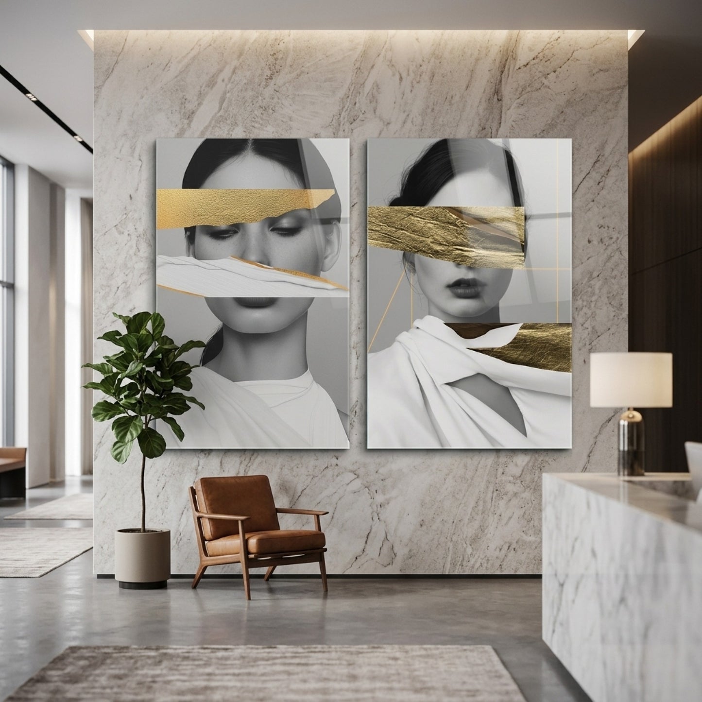 Modern Kadın Portresi Altın Detaylı İkili Panel Dikey 2'li Set Cam Tablo