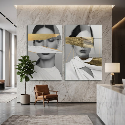 Modern Kadın Portresi Altın Detaylı İkili Panel Dikey 2'li Set Cam Tablo