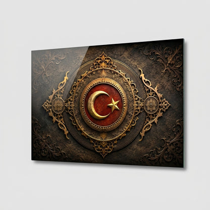 Osmanlı Ay Yıldız Arması Ve Altın İşlemeli Sanat Yatay Cam Tablo