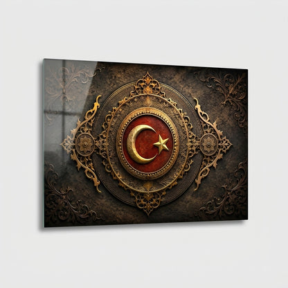 Osmanlı Ay Yıldız Arması Ve Altın İşlemeli Sanat Yatay Cam Tablo