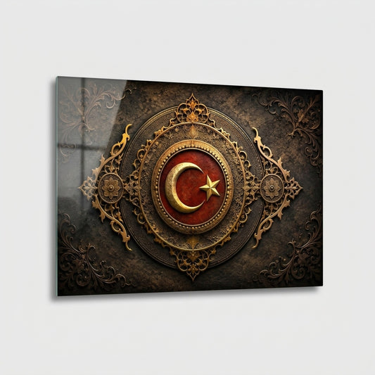 Osmanlı Ay Yıldız Arması Ve Altın İşlemeli Sanat Yatay Cam Tablo