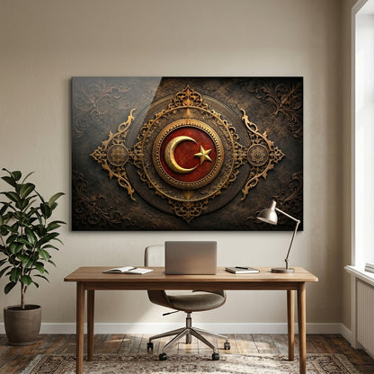 Osmanlı Ay Yıldız Arması Ve Altın İşlemeli Sanat Yatay Cam Tablo