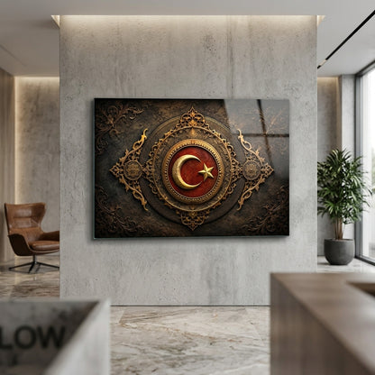 Osmanlı Ay Yıldız Arması Ve Altın İşlemeli Sanat Yatay Cam Tablo