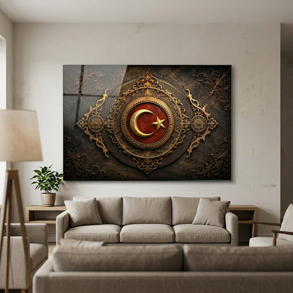 Osmanlı Ay Yıldız Arması Ve Altın İşlemeli Sanat Yatay Cam Tablo