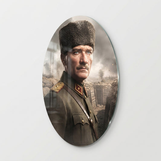 Gazi Mustafa Kemal Atatürk Kalpaklı Portre Oval Dikey Cam Tablo