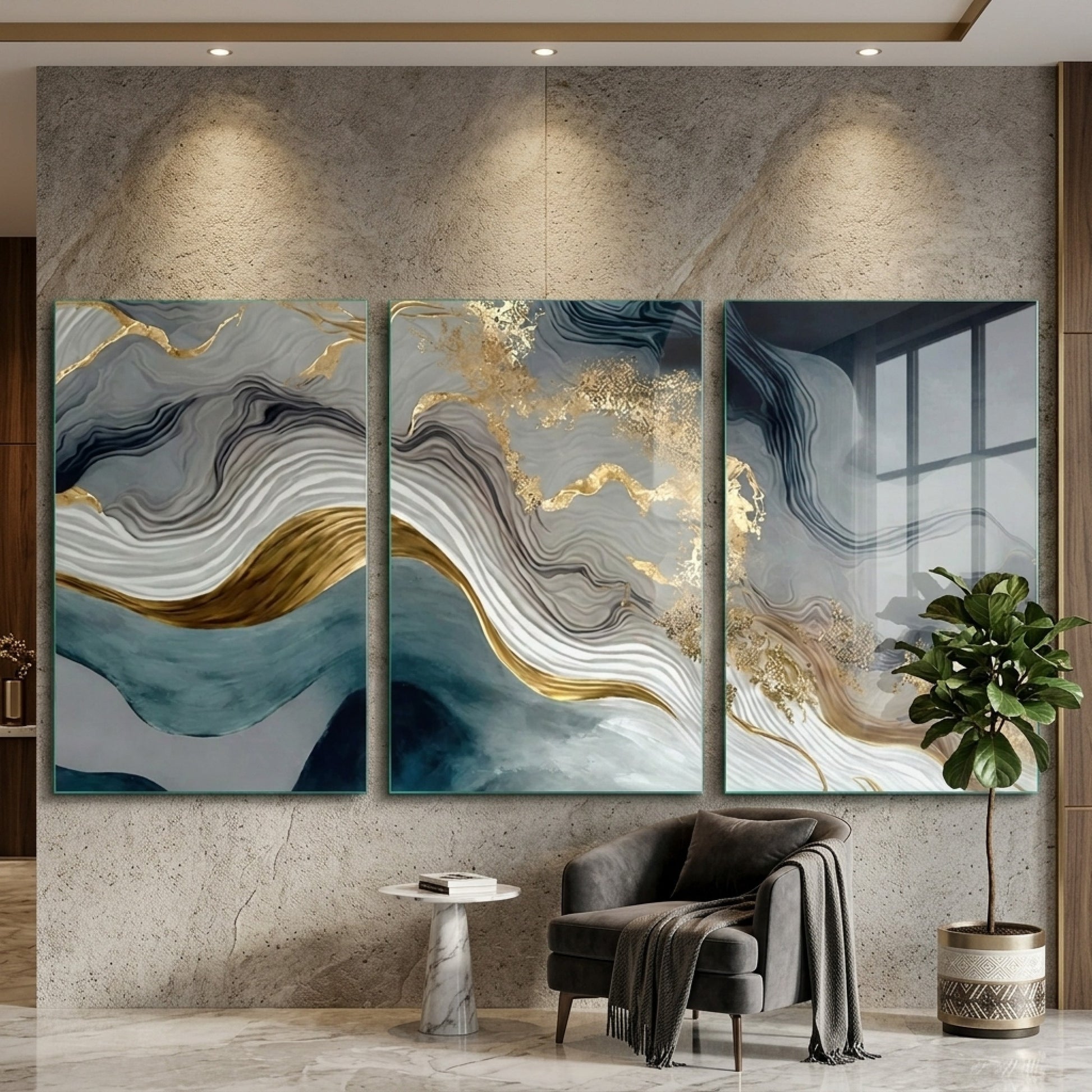 Soyut Safir ve Altın Mermer Dokusu Dikey 3'lü Set Cam Tablo